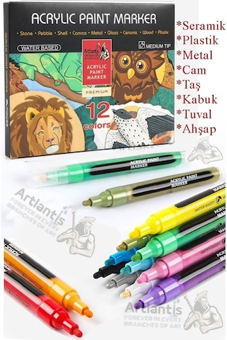 12 Renk Akrilik Markör Keçeli Kalem 1 Adet 12 Li Acrylic Marker Taş Cam Metal Seramik Plastik Tuval Ahşap 0.7-1 Cm