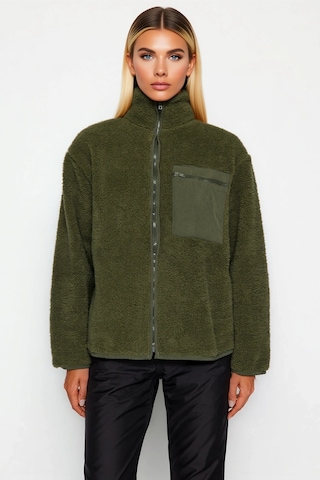 Benerly Kadın Dik Yaka Düşük Kol Tam Fermuarlı Peluş Sweatshirt Fonksiyon Haki