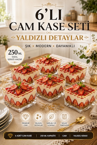 Porsima 13878-1 Vanes Prizma Gold Yaldızlı 6'lı Cam Kare Kase Seti 250 Ml Tatlı, Puding, Magnolia Ve Çerez Sunum Kasesi