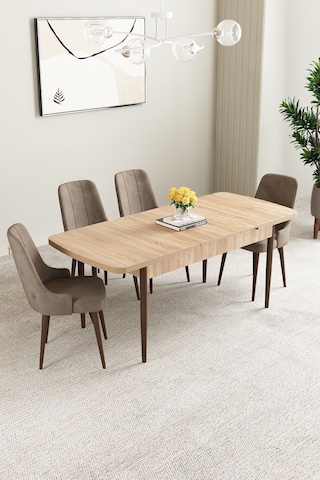 Clara Meşe Desen 80x132 Açılabilir Mdf Masa Yemek Odası Takımı,mutfak Takımı 4 Adet Sandalye Cappucino