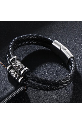 Punk Erkekler Viking Tarzı Deri Bileklik Örgülü Çok Katmanlı Paslanmaz Çelik İskandinav Rünleri Bilezikler Çift Takı Hediye Siyah