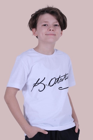 İmzalı Atatürk Baskılı Unisexs T-shırt Beyaz - Siyah