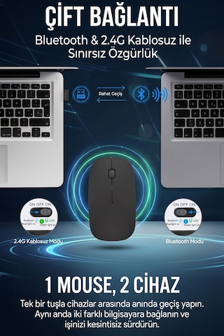 Ultra Slim Sessiz Tıklama Bluetooth Şarjlı Kablosuz Mouse -