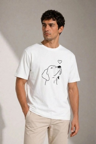 Freedom Storee Erkek Köpek Figürlü Minimal Baskılı Tişört Kısa Kol Yazlık T-shirt - Beyaz Çok Renkli