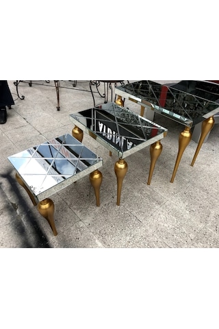 Zigon Sehpa Tombul Torna Model Parlak Gold Renk Kayın Ayak Çizgil