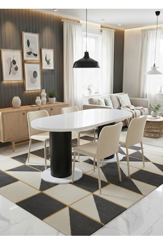 Oslo 180x90x74cm 36mm Kalın Kenarlı Oval Beyaz Sütunlu Yemek Masası Sandalye Yok Sadece Masadır Beyaz-siyah