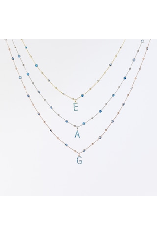 925 Ayar Gümüş. Aquamarin Zirkon Taşlı Mavi Topaz , Top Zincirli, Harfli Kolye Altın