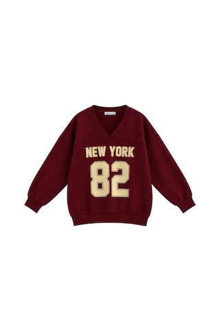 Vadon 1046 Kadın V Yaka New York Baskılı 3 İplik Pamuklu Sweatshirt Bordo