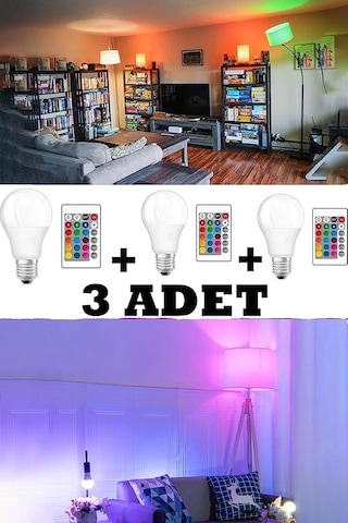 Rgb Kumandalı Renkli Led Ampul 9 Watt Işık Şiddeti Ayarlanabilir/kısılabilir Çok Renkli 3 Adet, Derwel3dt