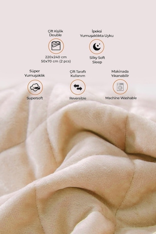 Evlen Home Kapitone Kadife Yatak Örtüsü Seti Çift Kişilik Supersoft 3 Parça Yumuşak Elyaf Dolgulu Bej Bej
