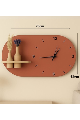 Modern Tasarım Raflı Nera Duvar Saati 75x45 Turuncu