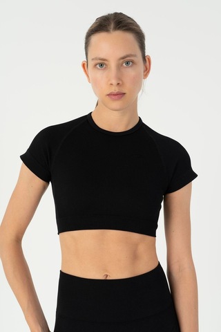 Maraton Slimfit Kadın Bisiklet Yaka Siyah- Crop Top Siyah-