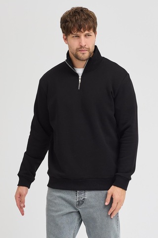 Unisex Regular Fit Rahat Kesim Pamuklu Içi Polarlı Yarım Fermuarlı Siyah Dik Yaka Sweatshirt Siyah