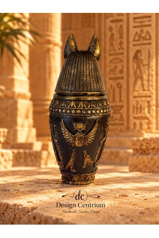 Anubis Antik Mısır Temalı Dekoratif Vazo El Yapımı Bronz Altın Görünümlü Biblo