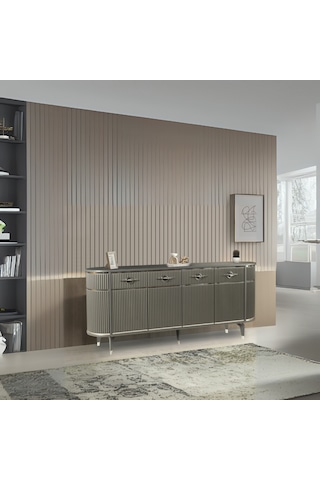 Maya Antrasit Gümüş Lüks Konsol 4 Kapaklı Şerit Detaylı Metal Ayaklı Tasarım 180x45x84 Cm Antrasit - Gümüş