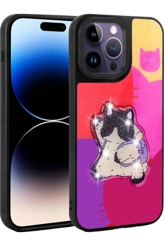 Apple Uyumlu iPhone 14 Pro Max Kılıf Parlayan Kabartmalı İkonik Figürlü Zore Amas Silikon Kapak Mor