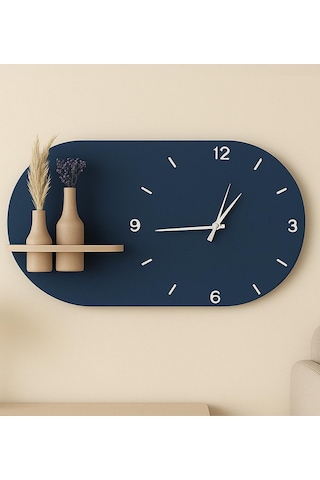 Modern Tasarım Raflı Nera Duvar Saati 75x45 Lacivert
