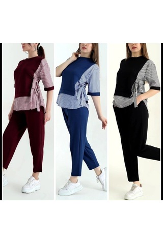 Supplierby Kadın Kristal 2 Iplik Kumaş Yanları Çizgili Takım Bordo