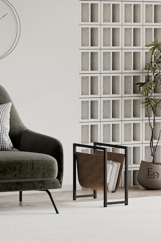 Coral Koltuk Yanı Dergilik , Gazetelik , Kitaplık, Siyah Metal - Kahverengi Deri