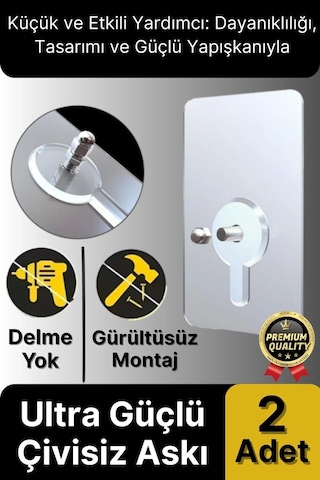 Süper Sağlam İz Bırakmaz Çerçeve Tablo Banyo Mutfak Ultra Güçlü Yapışkanlı Çivisiz Askı 2 Adet Çok Renkli