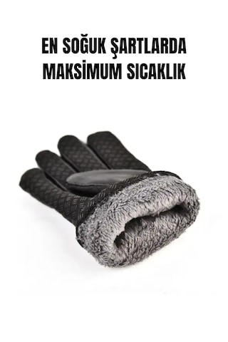 Erkek Su Geçirmez İçi Peluş Polarlı Üstü Deri Kaplama Eldiven Kışlık Termal Kayak Kar Eldiveni Siyah