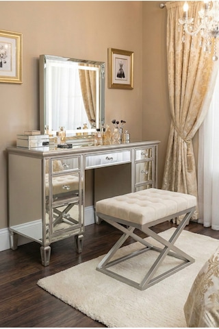 Nexus Babyface Kapitoneli Puf - Krom Metal X Ayaklı Modern Bench 50x40 Cm Bej