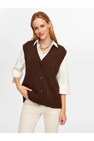 Faik Sönmez Yanları Kontrast Şerit Detaylı Pamuk Kadın Triko Yelek W26trh012 Kahve