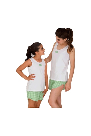 The Don Aile Beyaz-Yeşil Kareli Kız Çocuk Şort Takımı (9-14 Yaş)