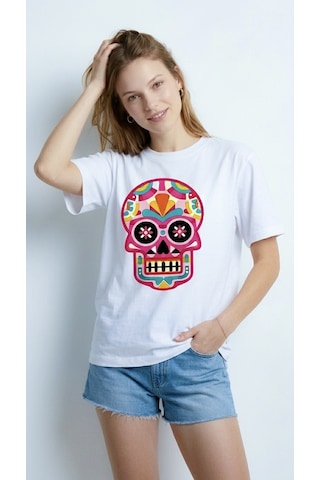 Hoxie Kadın Beyaz Renkli Meksika Kurukafası Calavera Baskılı Bisiklet Yaka Oversize Tişört