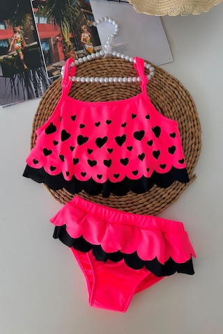 Minigimin Cicileri Kalp Desenli Fırfırlı Kız Çocuk Bikini Takımı - Fuşya