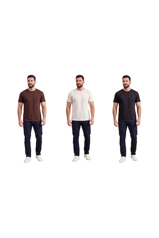 Bigmost Erkek 3'lü Set Premium Modal Kumaş Regular Fit Basic Tişört Kahve - Siyah - Krem