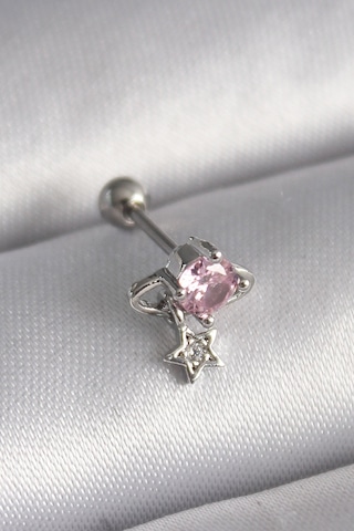 316l Çelik Gümüş Renk Pembe Zirkon Taşlı Sallantı Yıldız Detay Tr