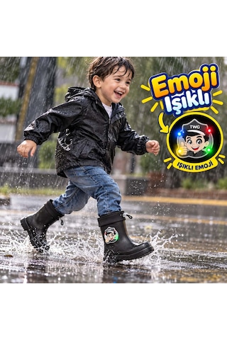 Twingo Çocuk Kışlık Emojili Işıklı Konforlu Yağmur Çizmesi Unisex Siyah