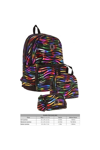 Kaukko Shine Siyah Çok Renkli Zebra Desenli Kız Çocuk Üçlü Okul Çanta Seti Siyah