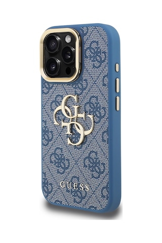 Apple Uyumlu iPhone 15 Pro Max Kılıf Guess Lisanslı Metal 4g Ve Yazı Logolu Kamera Standlı Kapak Mavi