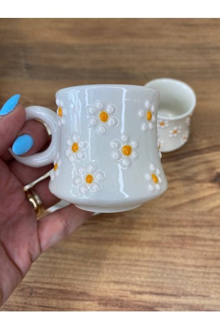 Papatya Desenli El Yapımı Seramik Kupa, Mug, Türk Kahvesi