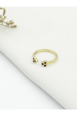 Brezza Lusso Jewelry Minimal Siyah Taşlı Eklem Gümüş Yüzük Altın