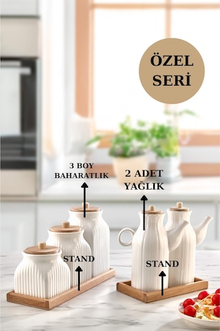 7 Parça Standlı Vakumlu Yağdanlık Ve 3'lü Çay Şeker Kahve Baharat Seti Ve Türk Kahve Kavanoz Seti Beyaz