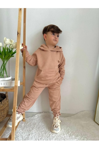 Jolly Kids Erkek Çocuk Dino Nakışlı Kanguru Cepli Kapüşonlu Takım Somon