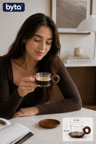 Ahşap Kulplu Cam Kahve Fincanı 150 Ml Tekli Modern Tasarım Sunum Fincanı Şeffaf