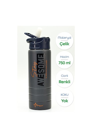 Paslanmaz 304 Çelik Matara Pipetli Motivasyon Matarası Suluğu 304 Çelik Suluk Füme 750 Ml 1156 Gri