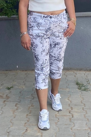 Kadın Beyaz-siyah Yaprak Deseli Kot Kapri Beyaz-siyah