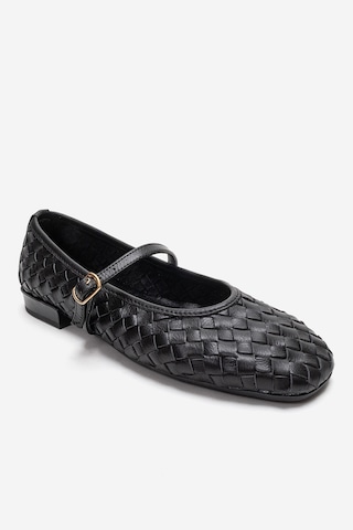 Luvishoes Yevora Siyah Örgü Hakiki Deri Bantlı Kadın Babet Ayakkabı