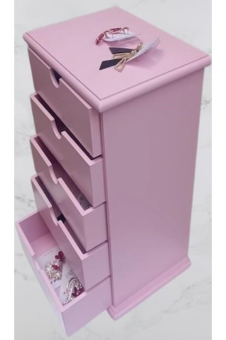 Hobi 90381 Şifonyer Takı Ve Makyaj Kutusu 5çekmece Parlak Pembe Lake Boya Elyapım