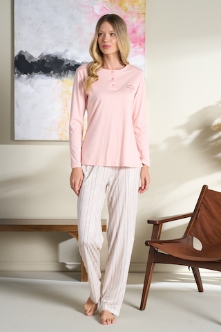 Kadın Büyük Beden Penye Uzun Kol Pijama Takımı 3195 Pudra Pudra