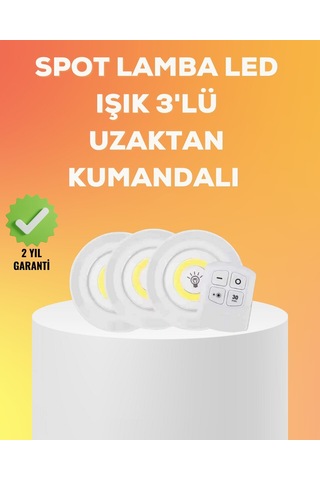 Çok Amaçlı Kullanım İçin Kablosuz Yapışkanlı 3 Lü Uzaktan Kumandalı Led Spot Lamba 399832