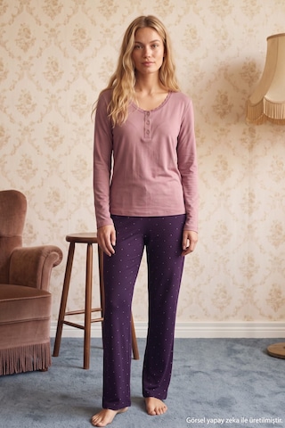 Siyah İnci Pudra Desenli Düğmeli Dantelli Viskon Örme Pijama Takım 26224682