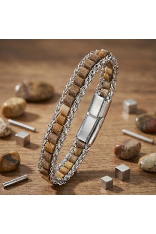 Moncuk Design Odun Jasper Doğal Taşlı Hasır Örgü Zincirli Erkek Çelik Bileklik 33512b28d3 Çok Renkli