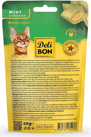 Delibon Crunchy İçi Dolgulu Bisküvi Tavuklu ve Naneli Kedi Ödülü 60 G
