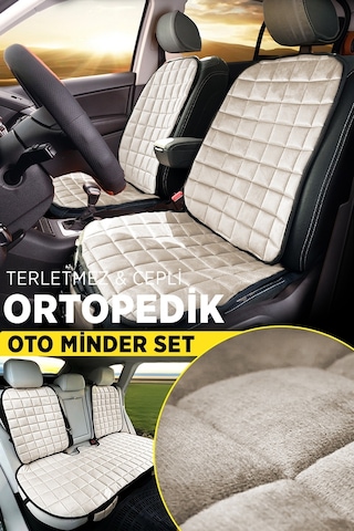 Premium Cepli Ortopedik Oto Koltuk Minder Seti - Oto Koltuk Kılıfı - Ön Ve Arka Koltuk Tam Set - Bej
